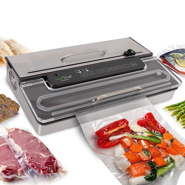 NutriChef PKVS50STS Commercial Grade Vacuum Sealer Machine-400W Automatic Double Piston Pump Air Machine Meat Packing Storage Preservation Sous Vide w/Dry Wet Seal, Vac Roll Bags, Extra Large, Silver