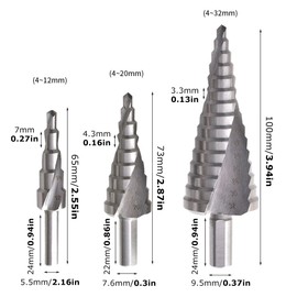 3PCS HSS Spiral Step Drill Bit Sets, 4-Flute Metal Drill Bits, 1/4" Hex Shank, Metric 4-32mm Cone Cutter, Coated for Superior Durability, Hole Cutter Cone D-rill Bit for Metal, Plastic, Steel Plate
