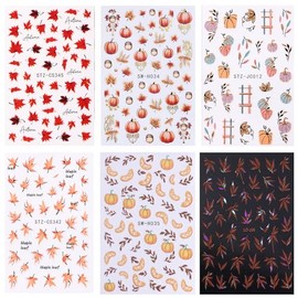 Maple Leave Nail Art Sticker Decals, Fall Pumpkin Maple Leaves Nail Stickers 6PCS Autumn Nail Decals for Nail Art Colorful Leaves Design Nail Supplies Elegant Self Adhesive Decals for Women Nail Decor