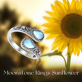 DAYLINLOVE Moonstone Ring 925 Sterling Silver Sunflower Adjustable Open Thumb Ring Flower Moonstone Jewellery Gifts for Women Mum Grandma