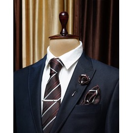 AXLON Brown Striped Ties For Men – Tie Set With Pocket Square Cufflinks Tie Clip Bar & Flower Brooch Pin For Mens (Pack of 5) (AXTS64)