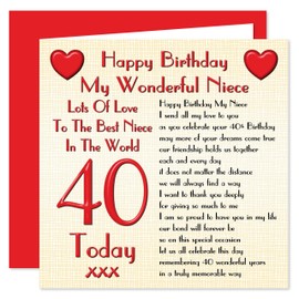 My Niece 40th Happy Birthday Card - Lots Of Love To The Best Niece In The World - 40 Today