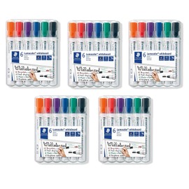 Staedtler Lumocolor 351 WP6 Whiteboard Marker, Bullet Tip approximately 2 mm Line Width, Set of 6 Colours (5 Cases)
