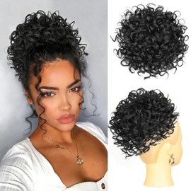 RONTAYA Messy Bun Hair Piece for Women, 10 Inch Curly Bun Hair Piece Loose Wave Synthetic Hair Extension, Elastic Drawstring Ponytail Fake Hair Bun for Daily Use (Black)