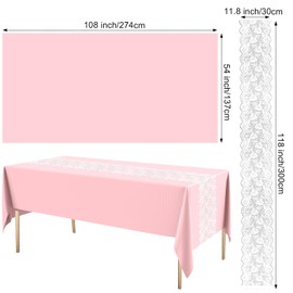 Oudain 12 Pcs Plastic Tablecloth Disposable Rectangular Tablecloth 54 x 108 Inch Tea Party Table Cover Lace Table Runner for Wedding Birthday Baby Shower Anniversary Decoration (Pink)