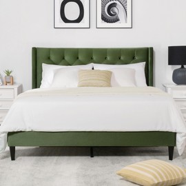 KISLOT Full Size Bed Frame, Velvet Upholstered Platform Bed Mattress Foundation, with Vertical Channel Tufted Wingback Headboard, Strong Wood Slat, No Box Spring Needed, Green