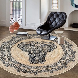 Lacomfy Boho Rug 5Ft Round Elephant Bedroom Carpet Circle Farmhouse Living Room Floor Mat Nonslip Dining Room Area Rug Non Shedding Washable Throw Rug for Kids Room Home Decor, 5.2Ft