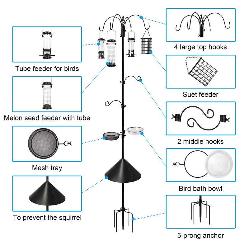 Ointo Garden 6-Hook Bird Feeding Station, Steel Multi-Feeder Kit Stand