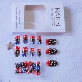 Independence Day Press on Nails Medium Square Red French Tip Fake Nails with Stars Designs Gradient Red False Nails Patriotic Acrylic Nails Medium Glue on Nails 4th of July Stick on Nails for Women