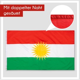 PHENO FLAGS Kurdistan Flag 90 x 150 cm - Weatherproof Flag with Brass Eyelets, 100% Polyester, Robust Double Stitching and in Vivid Colours - Ideal for Flag Lovers