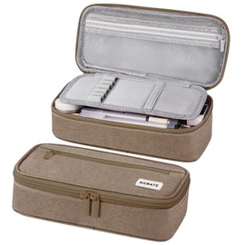 Horizontal Writing Pencil Bag - Large Pencil Case, Pencil Pouch with Zipper Compartment, Aesthetic Pencil Case for Adult, Office Stationery Pouch Pen Case, Khaki, Modern