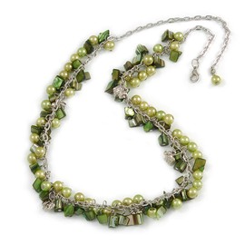Avalaya Green Glass Bead, Shell Nugget, Elephant Charm with Silver Tone Chain Necklace - 60cm L/ 10cm Ext