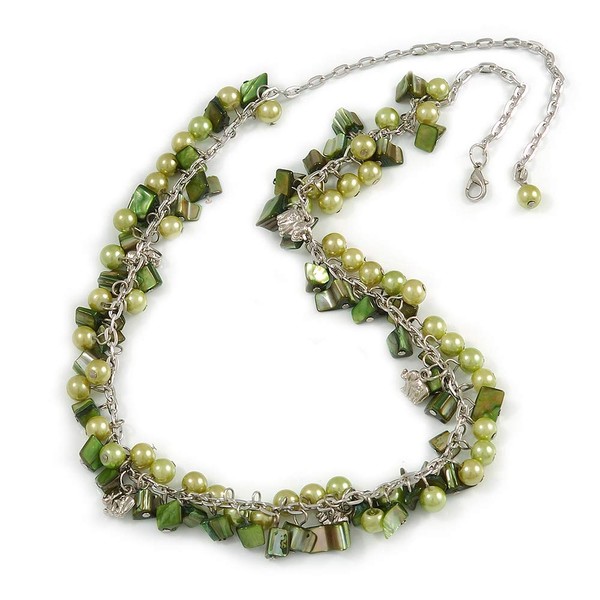 Avalaya Green Glass Bead, Shell Nugget, Elephant Charm with Silver