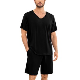 SWOMOG Mens Pajama Sets 2PCS Short Sleeve Pjs Sets V Neck Sleepwear Soft Loungewear Classic Nightshirt Sets with Pockets Nightwear Carbon Black