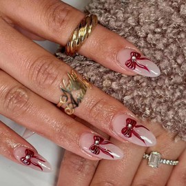 MISUD Almond Press on Nails Medium Fake Nails Glossy Glue on Nails White Acrylic Nail Supplies Stiletto Artificial Nail Art Red Bow Stick on False Nails with Design DIY 24 pcs