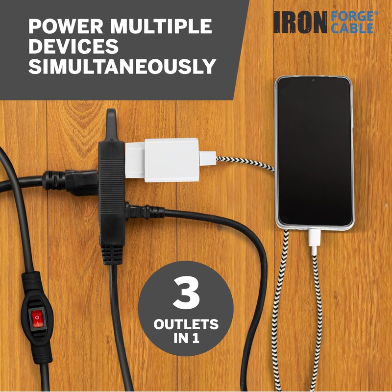 Iron Forge Cable 10 Ft 3 Outlets Black Extension Cord