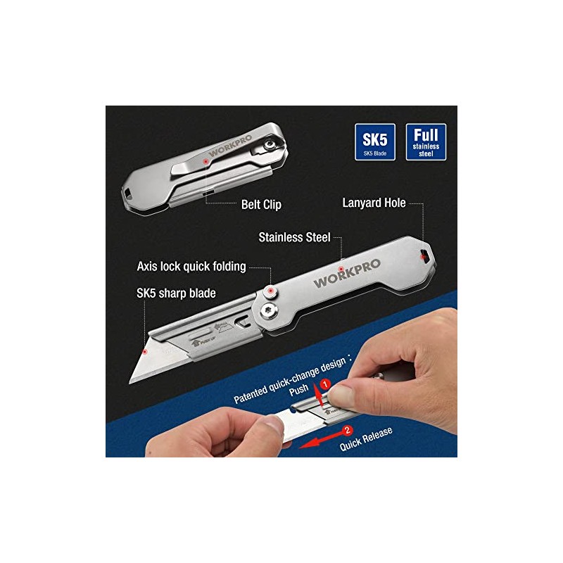 WORKPRO 3-Pack Folding Utility Knife, Quick Change Blades Box Cutter,