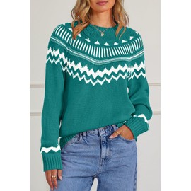 MEROKEETY Women's 2025 Fall Winter Striped Pullover Sweater Trendy Crew Neck Long Sleeve Vintage Color Block Knit Tops, Green, Medium