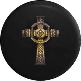 Funny Spare Tire Wheel Cover for Camper SUV Trailer Truck RV JP Thick PVC Leather | Stone Celtic Cross Irish Black 33 Inch