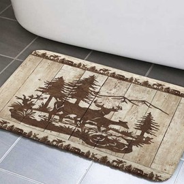 Cabin Bathroom Rugs, Farmhouse Country Antique Deer Moose Forest Vintage Wood Decor Non Slip Bath Mats,Hunting Camping Bath Rug Sets for Bathroom Bedroom Kitchen Outdoor Indoor 17x29 Inch