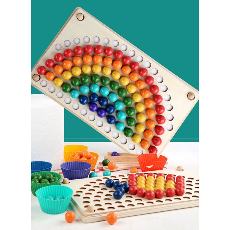 Wooden Peg Board Beads Game Educational Rainbow Clip Beads Puzzle