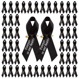 CRAFFANCY 100 Pcs Black Ribbon Pins, Memorial Ribbon in Forever in Our Hearts Ribbons for Funeral Event Bereavement Remembrance Service