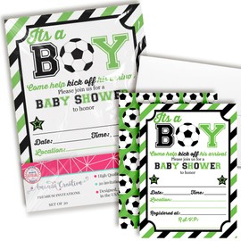 Green & Black Kick Off His Arrival Soccer Themed Baby Sprinkle Baby Shower Invitations for Boys, 20 5"x7" Fill in Cards with Twenty White Envelopes by AmandaCreation