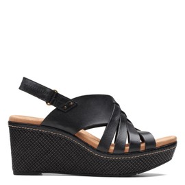 Clarks Women's Elleri Grace Wedge Sandal Black Leather 8