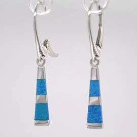 Amber America FIRE OPAL Blue Dangle Earrings 925 STERLING SILVER Rhodium Leverback #22e