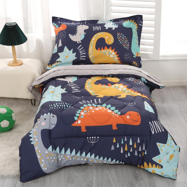 Wowelife Toddler Bedding Sets for Boys, Premium 4 Piece Dinosaur Toddler Comforter Set, Blue Grey Toddler Bed Set, Super Soft and Comfortable for Toddler(Dark Blue)