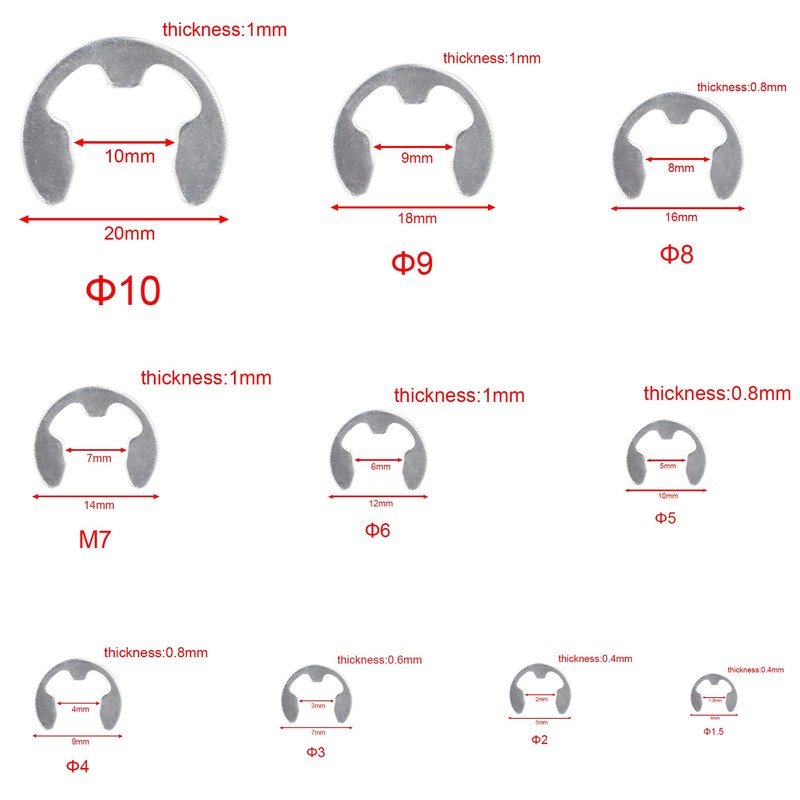 TIOMIOSEA E-Clips Set, 300 Pieces, 10 Sizes, Stainless Steel Locking