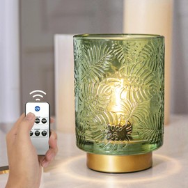 ULAROOM Battery Operated Small Cordless Table Lamps with Remote Control,Glass Dimmable Brightness Wireless Lamp with Timer,Battery Powered Lamp for Bedroom Living Room Home Decor(Jade Green)