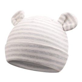 Original Cotton Newborn Hats for Girls & Boys - Preemie & Infant Bear Ears Beanies 0-6 Months (White, Blue Striped, Gray Striped)