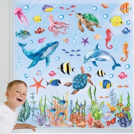 DECOWALL Sea Fish Turtles Jellyfish Window Stickers Reusable Waterproof Kids School Playroom Nursery Bathroom Living Room Decor CDS9-9004 - Two Sides Printing