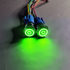 Gebildet 0.63''/16mm Stainless Steel Latching Push Button Switch 12V-24V/5A Power Symbol LED 1NO1NC SPDT ON Off Waterproof Toggle Switch with Wire Socket Plug (Green LED)