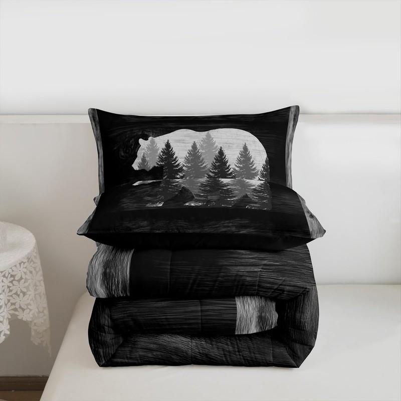 Castle Fairy Lodge Cabin Comforter Set Gray Bear Pine Tree