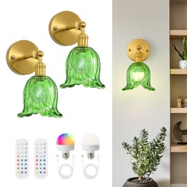 Yunnix Rechargeable Wall Sconces Set of Two Battery Operated Wall Lights Wireless Wall Sconces Wall Decor Bedroom Bedside Light Bathroom Mirror Lights Renter Friendly Green Glass Light Green RGB Bulb