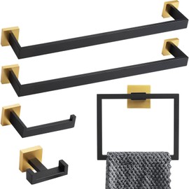 5-Piece Mattle Black and Brushed Gold Bathroom Hardware Accessories Set, Lava Odoro Bath Towel Bar Holder Set Towel Rack Set Stainless Steel Wall Mounted Bathroom Accessories Kit, 23.6 Inch