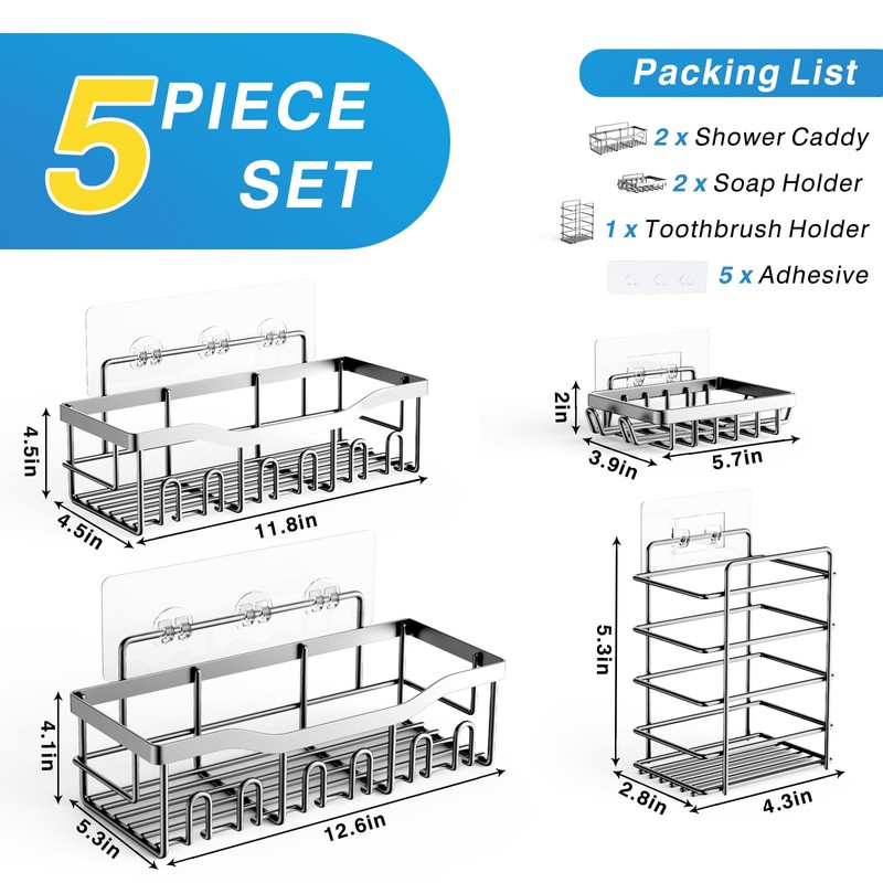 EUDELE 5-Pack Rustproof Stainless Steel Shower Caddy – No Drill