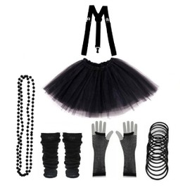 Lizzy 6Pc Neon Costume (Leg Warmers + Fishnet Gloves + 3Layer Tutu + Braces + Beads Necklace + Gummy Bracelet) Set | 80s Neon Teen Fancy Dress Dance ware Hen Party Accessory (Black, Girls)