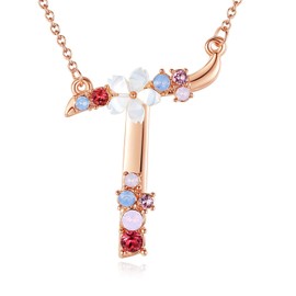 Flower Initial Letter Necklace, Pink Red Blue Simulated Pearl Pendant Name Jewelry Made with Austrian Crystals Rose Gold Plated Anniversary Birthday Gifts for Women,18"+2" (T)