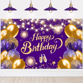 Lecheme Purple Gold Happy Birthday Backdrop 6x4ft Happy Birthday Banner Gold Birthday Photo Backdrop Birthday Party Decorations Happy Birthday Background for Photography