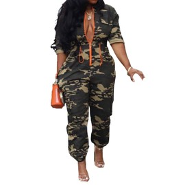 Botillosh Women Casual Camouflage Jumpsuits Drawstring Waist One-Piece Camo Rompers with Pockets Sweatsuit Work Out Sets