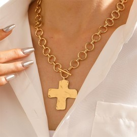 KONPJE Chunky Cross Necklace for Women Gold/Silver Chunky Cross Pendant Necklace Layered Heart Toggle Statement Cross Necklace Hammered Thick Cross Chain Necklace Jewelry (Gold)