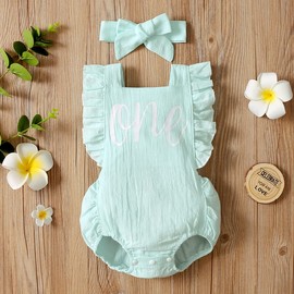 Shalofer - Traje de primer cumpleaños para niña con diadema, Azul-cielo, 12-18 Meses