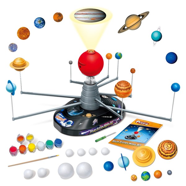 Playz Premium Solar System Model Kit for Kids - 4 Speed Motor, HD Planetarium Projector, 8 Painted Planets & 8 White Foam Balls with Paint and Brush for a Hands-On STEM DIY Project for Space Toys
