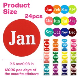 12000 Pcs Labels Round Month Stickers, 24 Rolls 1 Inch 12 Months of the Year Labels Self Adhesive Stickers Color Coding Label for Offices Warehouses Retails Boutiques