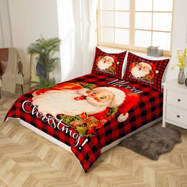 Santa Claus Bedding Set,Black and Red Square Duvet Cover for Kids Teen Boys Girls,Xmas Theme Comforter Cover Decorative Room,Geometry Grid Quilt Cover with 2 Pillowcases,King Size