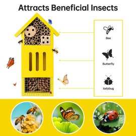 Bee House Bug Hotel & Butterfly House, Handcrafted Wooden Ladybug House, Natural Insect Habitat for Garden, Patio, or Yard, Durable Pine Wood, Attracts Pollinators, 10.4 x 5.5 x 3.2 Inches