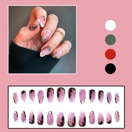 24Pcs Christmas Press on Nails Almond Medium Fake Nails with White Snowflake Green Christmas Tree Design French Tips Stick on Nails Artificial False Nails Reusable Natural Glue on Nails for Women